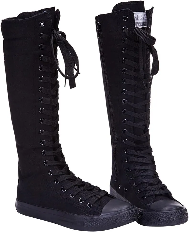 Girl's Women's Knee High Canvas Boots Lace-up Zip Flat Sports Shoes