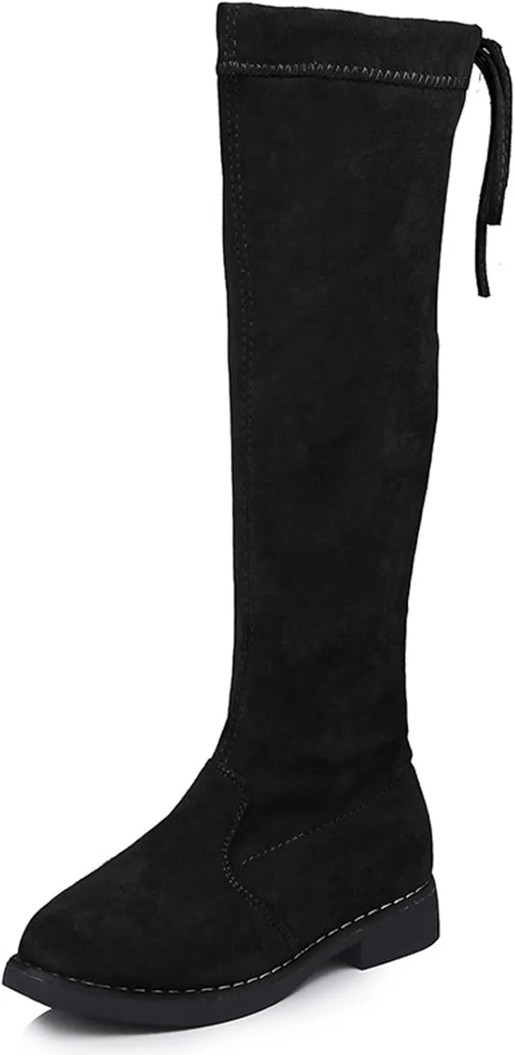 Girls' Youth Side Zipper Back Tie String Suede Knee High Long Boots Fur-Lined Over The Knee Winter Booties