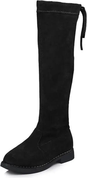 Girls' Youth Side Zipper Back Tie String Suede Knee High Long Boots Fur-Lined Over The Knee Winter Booties