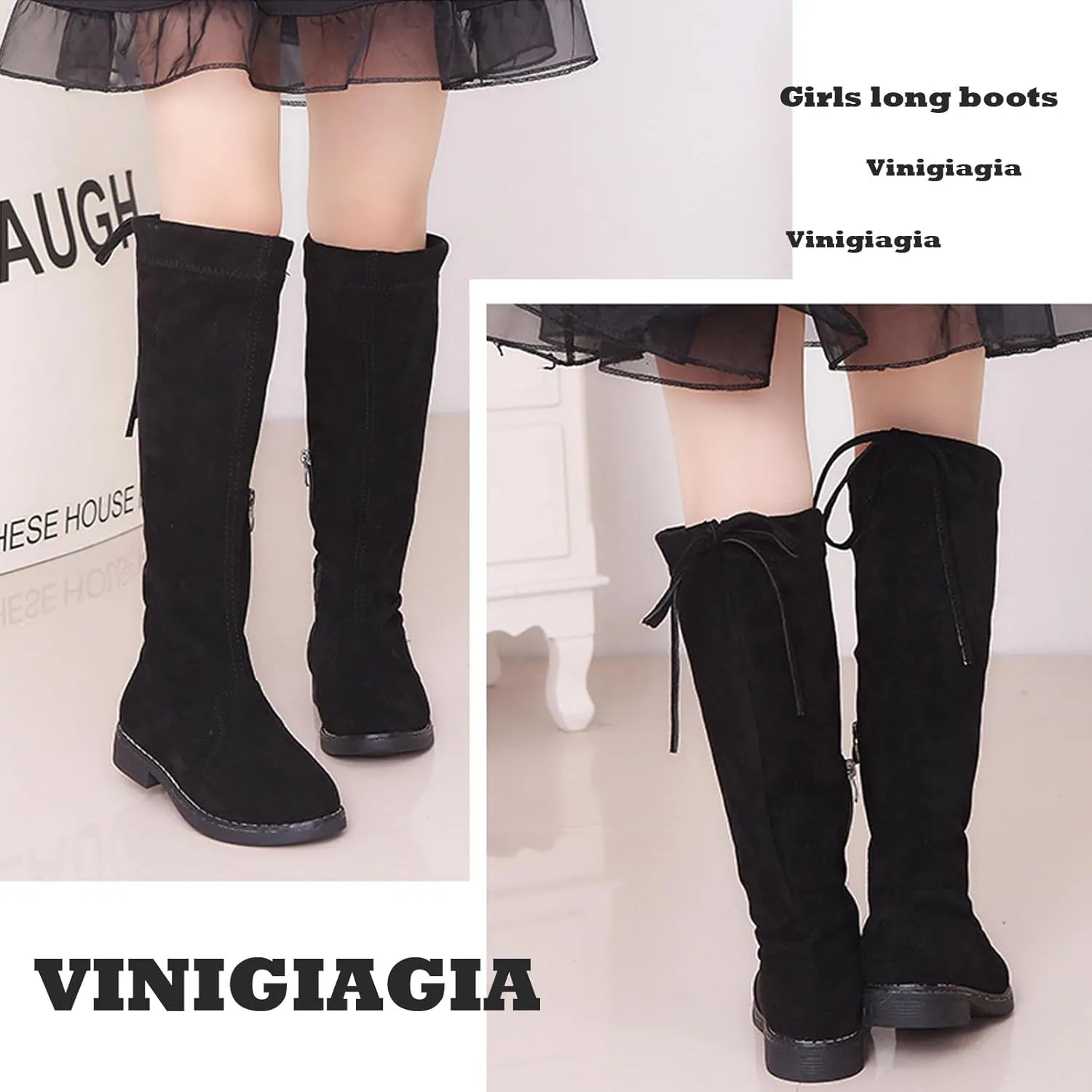 Girls' Youth Side Zipper Back Tie String Suede Knee High Long Boots Fur-Lined Over The Knee Winter Booties