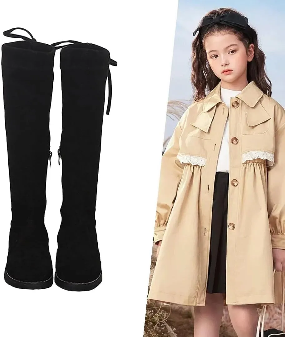 Girls' Youth Side Zipper Back Tie String Suede Knee High Long Boots Fur-Lined Over The Knee Winter Booties