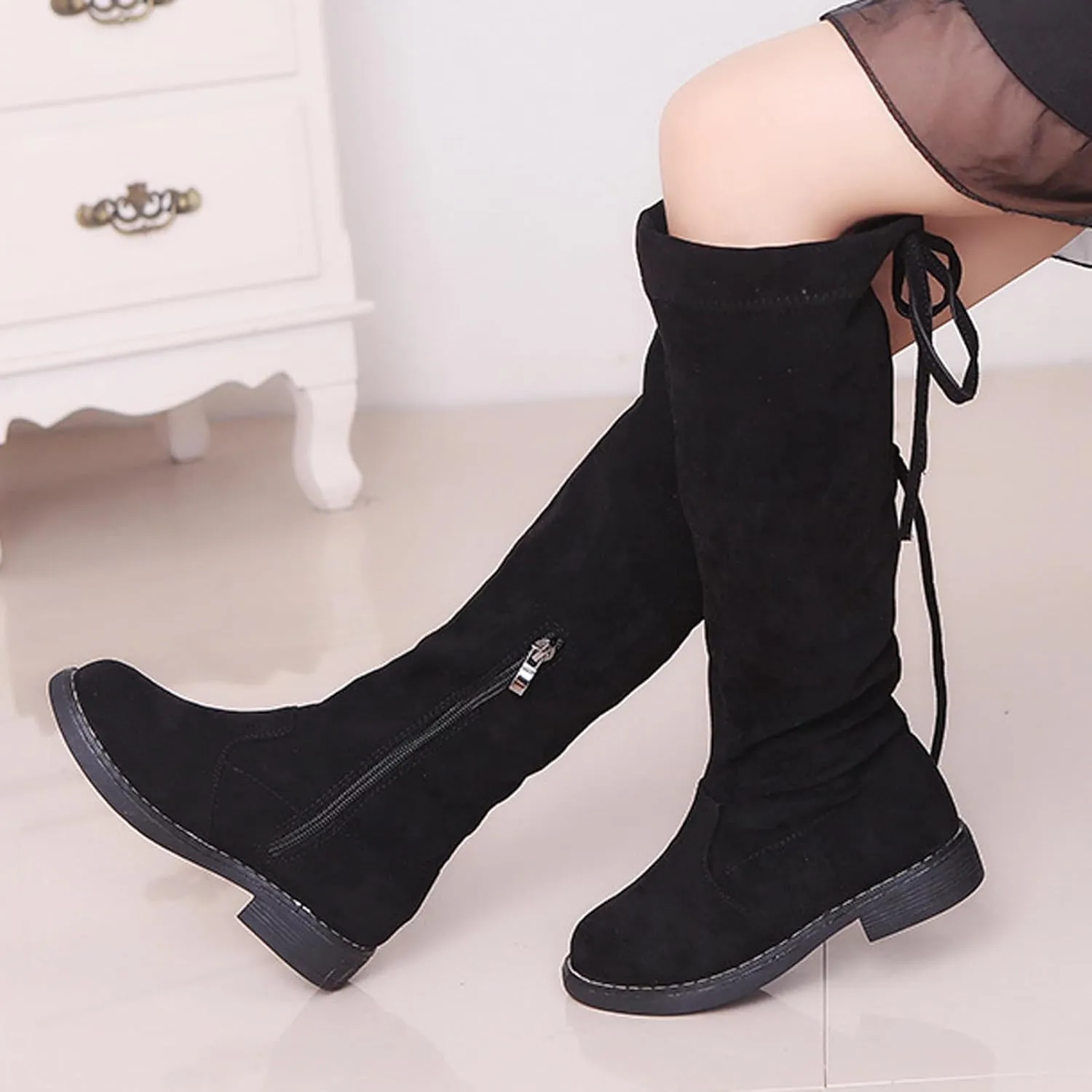 Girls' Youth Side Zipper Back Tie String Suede Knee High Long Boots Fur-Lined Over The Knee Winter Booties