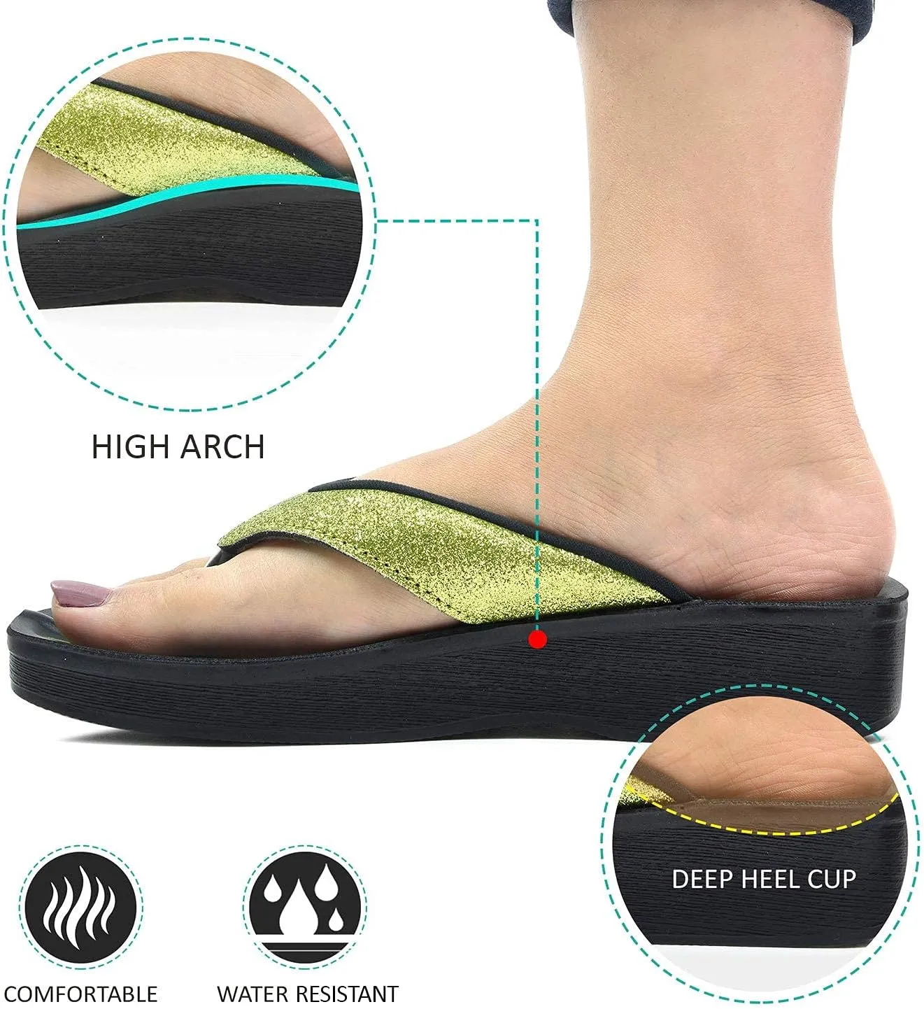 Glitter Orthotic Support Comfortable Flip Flops Sandals for Women (US 5, Glitter Green)