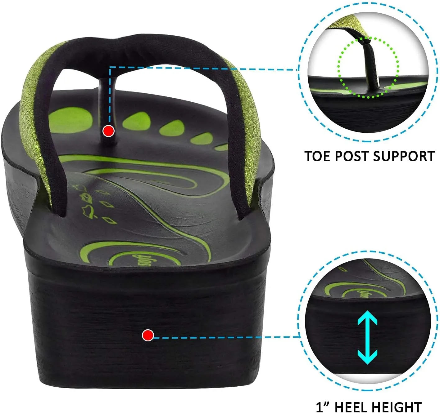 Glitter Orthotic Support Comfortable Flip Flops Sandals for Women (US 5, Glitter Green)