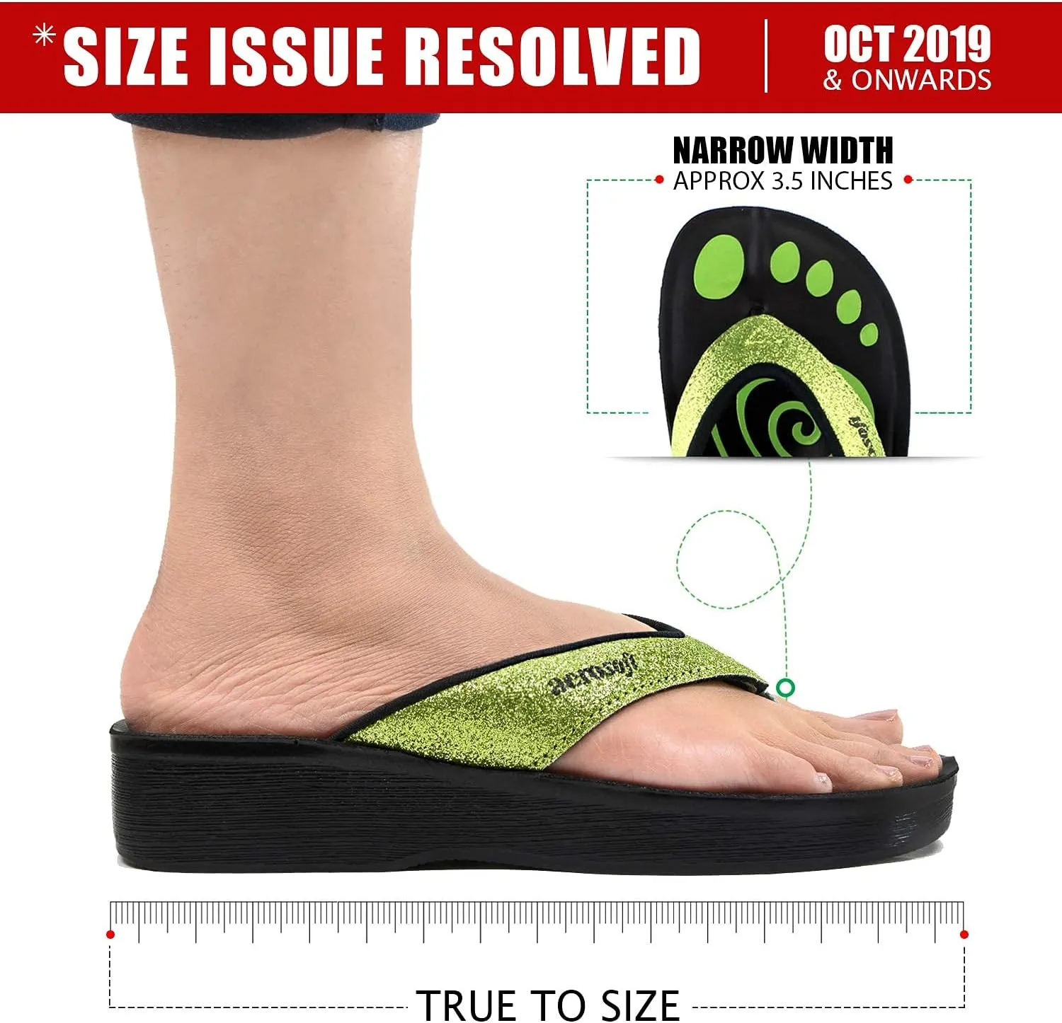 Glitter Orthotic Support Comfortable Flip Flops Sandals for Women (US 5, Glitter Green)