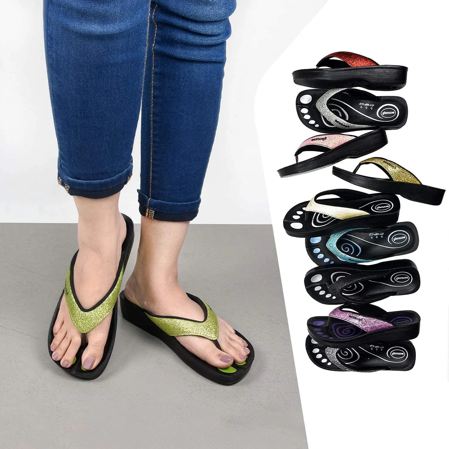 Glitter Orthotic Support Comfortable Flip Flops Sandals for Women (US 5, Glitter Green)