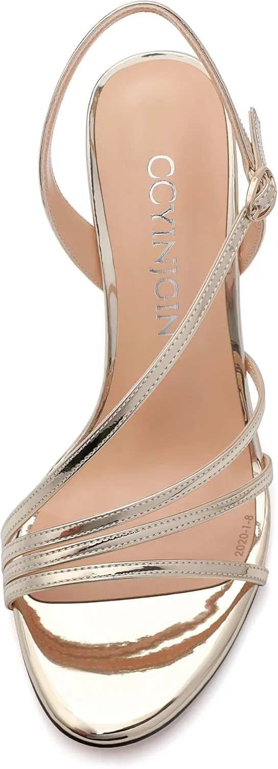 Gold Strappy Heels for Women, Sex Women's High Heels Open Toe Stilettos Strappy Ankle Strap Sandals Comfort Dress Party Shoes
