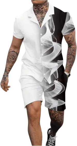 GORGLITTER Men's 2 Piece Outfit Graphic Print Button Down Short Sleeve Shirt and Shorts Set