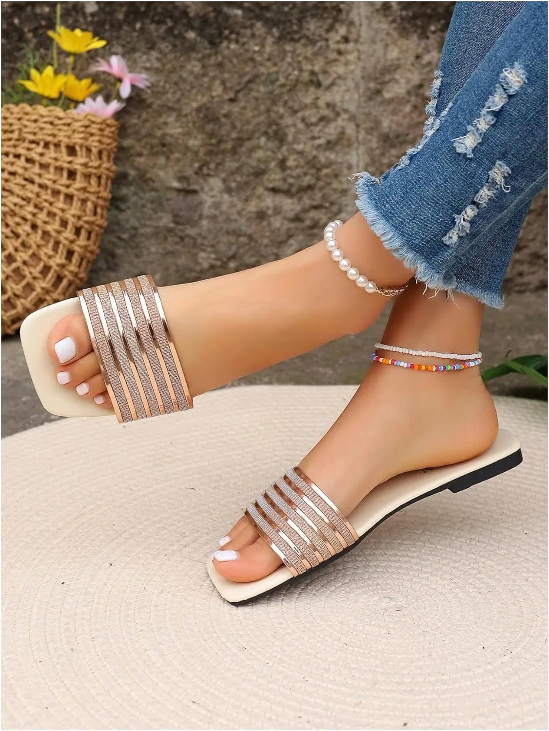 GORGLITTER Women's Metallic Flats Sandals Dressy Cute Glitter Square Open Toe Slip On Slides Summer Beach Sandals