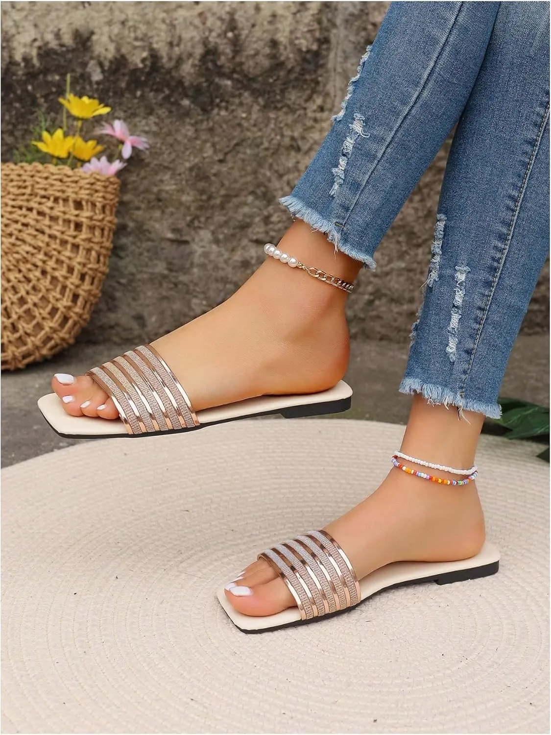 GORGLITTER Women's Metallic Flats Sandals Dressy Cute Glitter Square Open Toe Slip On Slides Summer Beach Sandals