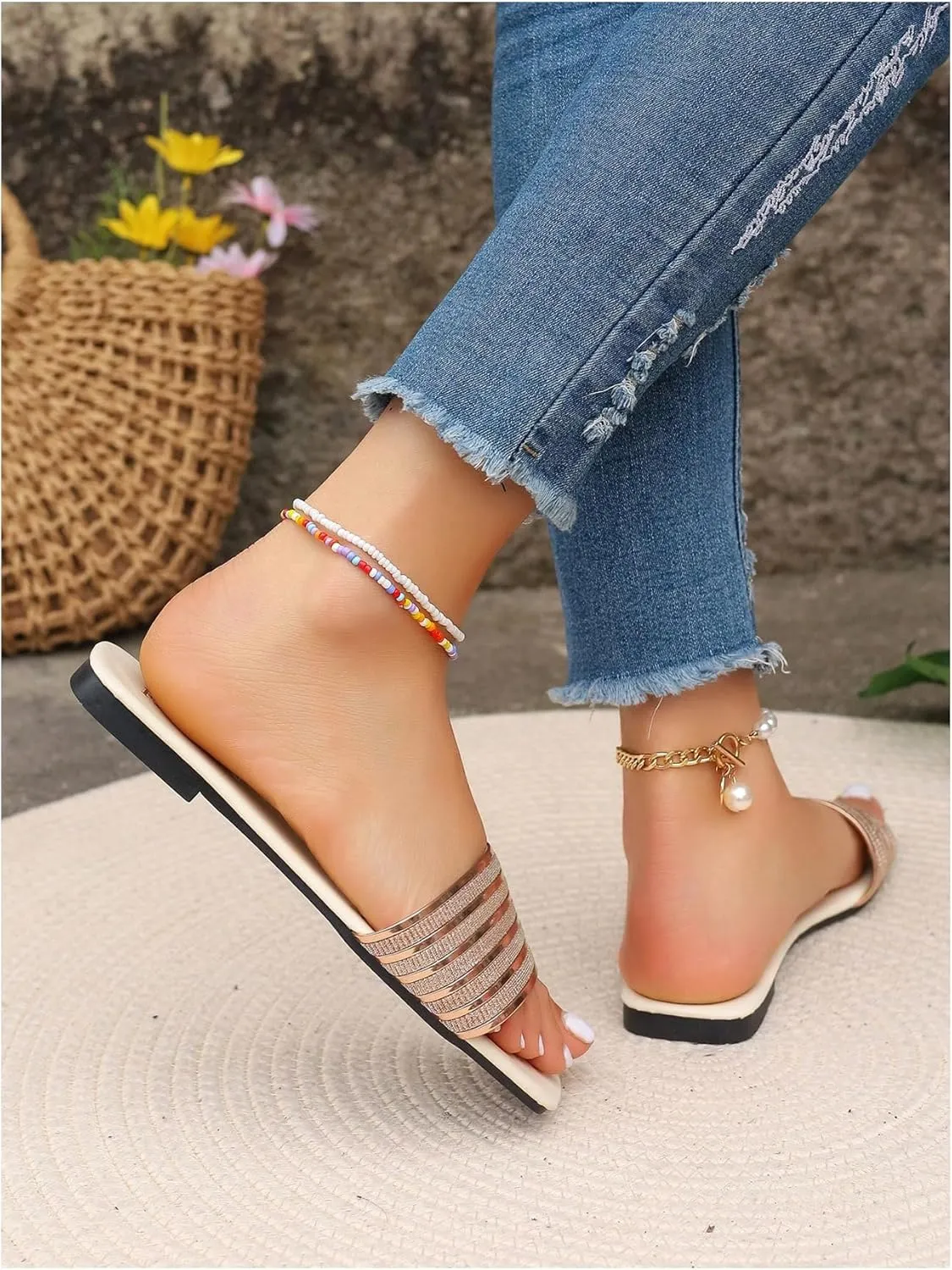 GORGLITTER Women's Metallic Flats Sandals Dressy Cute Glitter Square Open Toe Slip On Slides Summer Beach Sandals