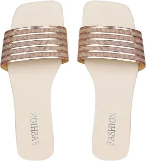 GORGLITTER Women's Metallic Flats Sandals Dressy Cute Glitter Square Open Toe Slip On Slides Summer Beach Sandals