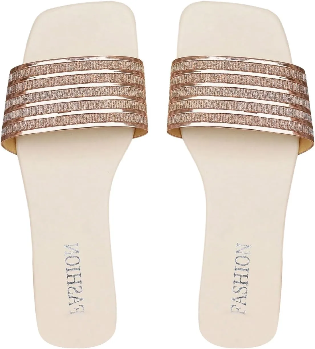 GORGLITTER Women's Metallic Flats Sandals Dressy Cute Glitter Square Open Toe Slip On Slides Summer Beach Sandals