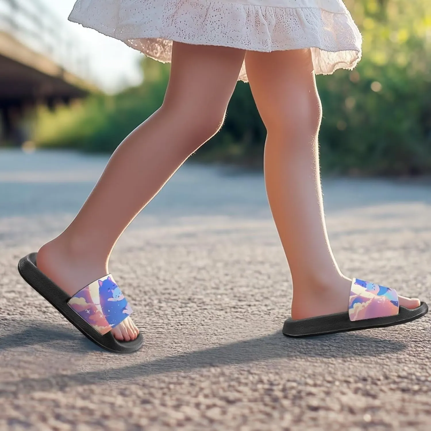 GOSTONG Cats Girls Slide Sandals Kids Summer House Slippers for Outdoor Beach Pool Shower Non Slip Height increasing shoes for Little Big Kids