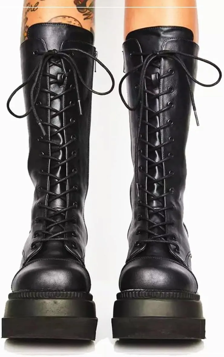 Gothniero Women Black Platform Goth Boots Mid Calf with Heel Knee High Boots Winter Chunky Heel Punk Rave Boots Girls Lace Up Combat Booties Size 5.5-11
