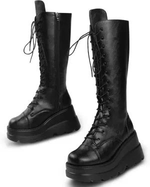 Gothniero Women Black Platform Goth Boots Mid Calf with Heel Knee High Boots Winter Chunky Heel Punk Rave Boots Girls Lace Up Combat Booties Size 5.5-11