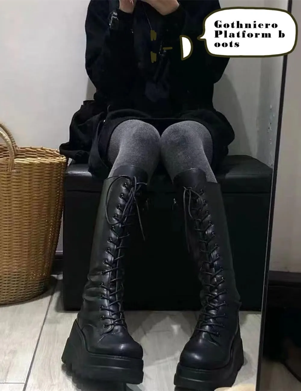 Gothniero Women Black Platform Goth Boots Mid Calf with Heel Knee High Boots Winter Chunky Heel Punk Rave Boots Girls Lace Up Combat Booties Size 5.5-11