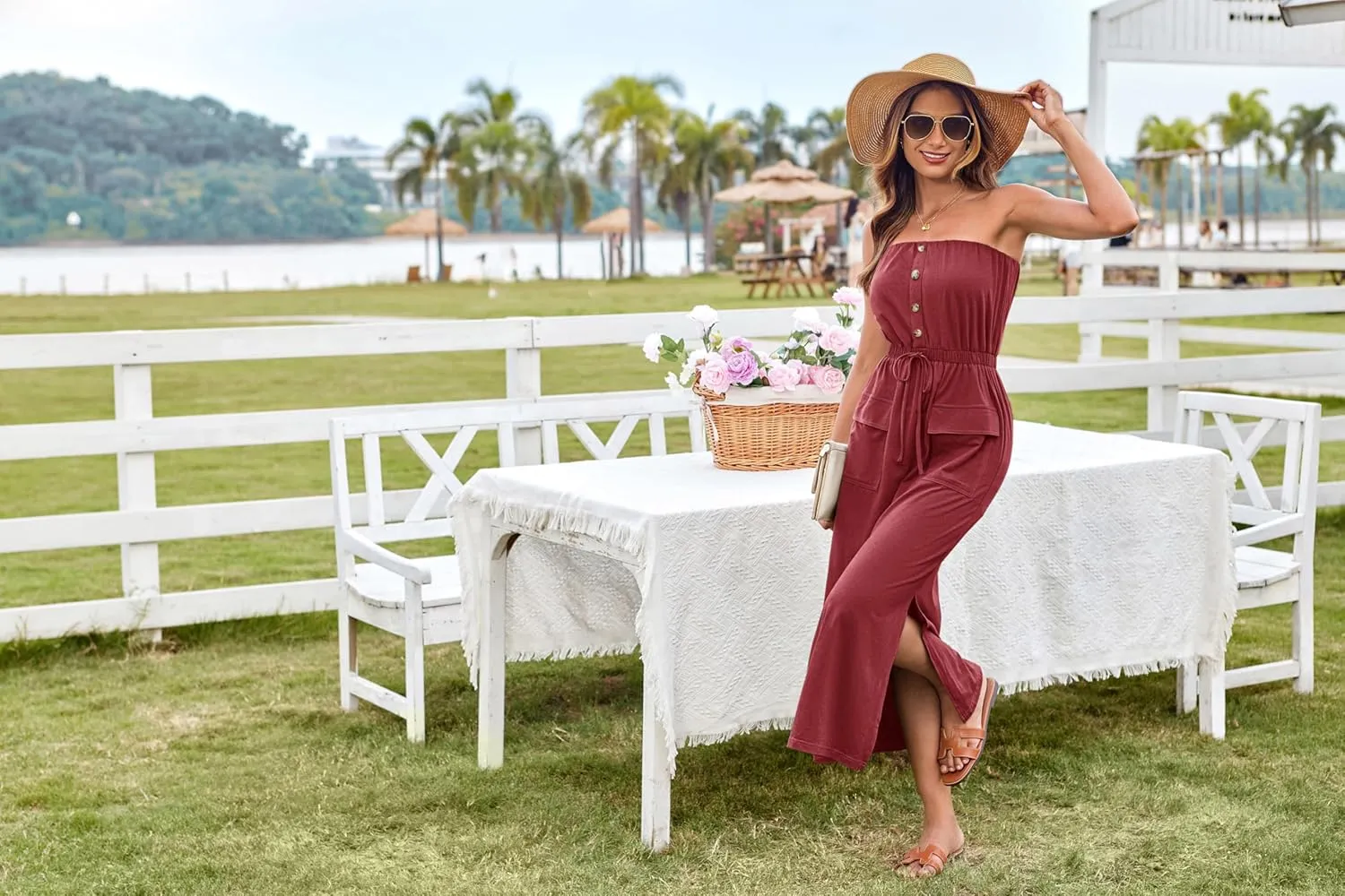 GRACE KARIN 2025 Summer Women's Strapless Maxi Dress Elastic Waist Side Slit Casual Cotton Summer Dress with Pockets