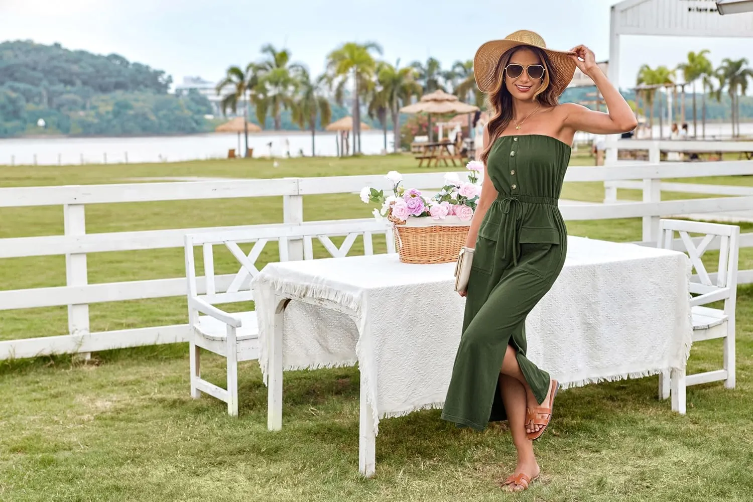 GRACE KARIN 2025 Summer Women's Strapless Maxi Dress Elastic Waist Side Slit Casual Cotton Summer Dress with Pockets