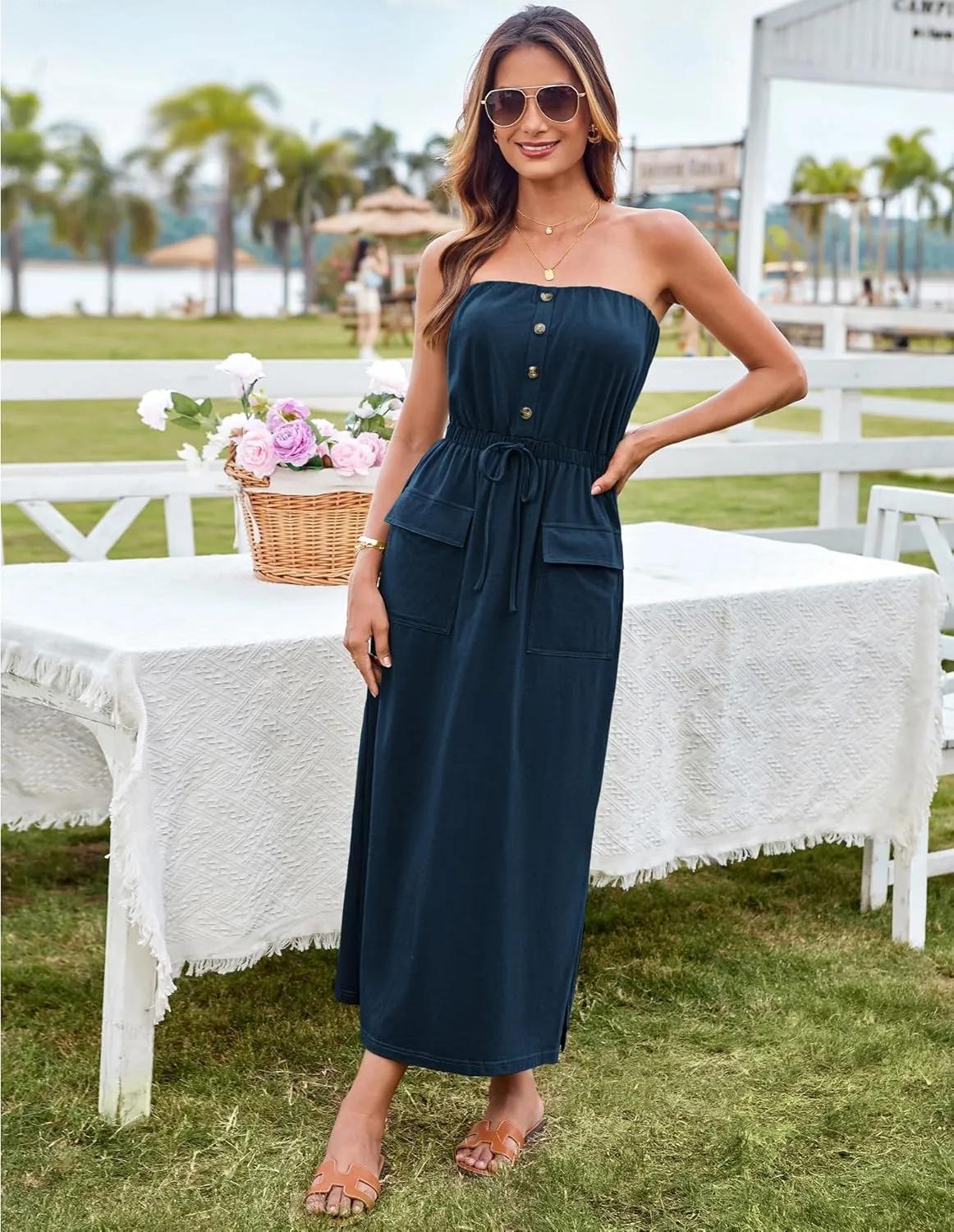 GRACE KARIN 2025 Summer Women's Strapless Maxi Dress Elastic Waist Side Slit Casual Cotton Summer Dress with Pockets