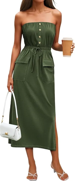 GRACE KARIN 2025 Summer Women's Strapless Maxi Dress Elastic Waist Side Slit Casual Cotton Summer Dress with Pockets