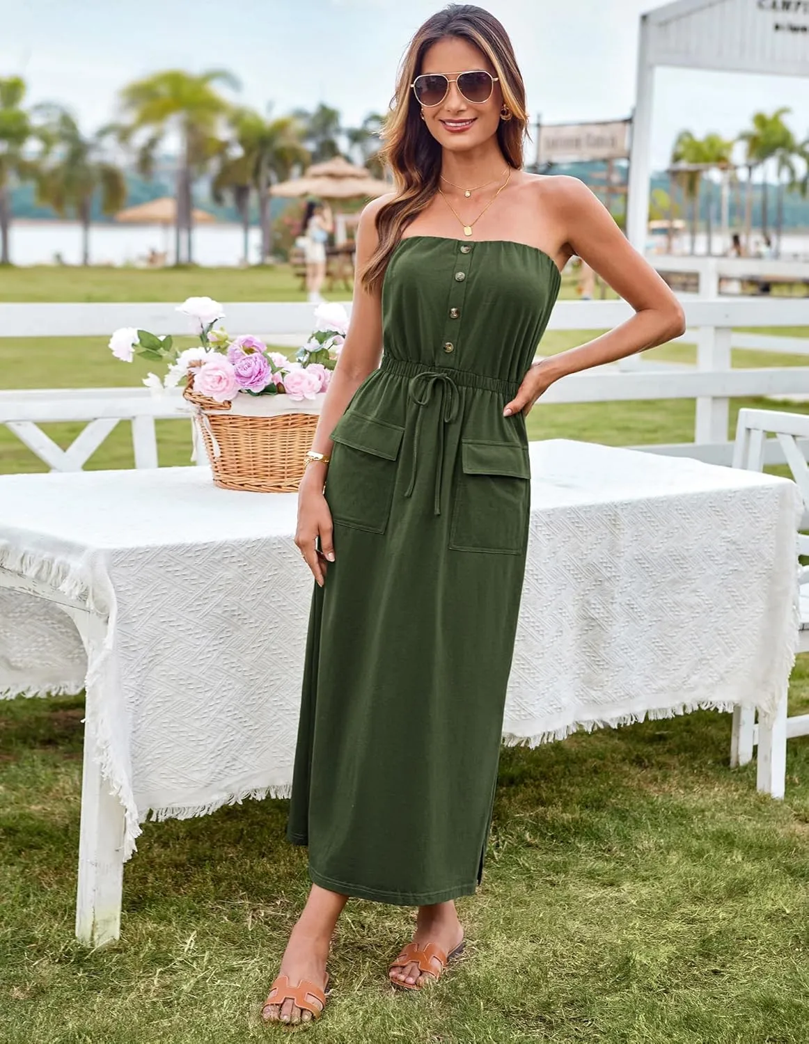 GRACE KARIN 2025 Summer Women's Strapless Maxi Dress Elastic Waist Side Slit Casual Cotton Summer Dress with Pockets
