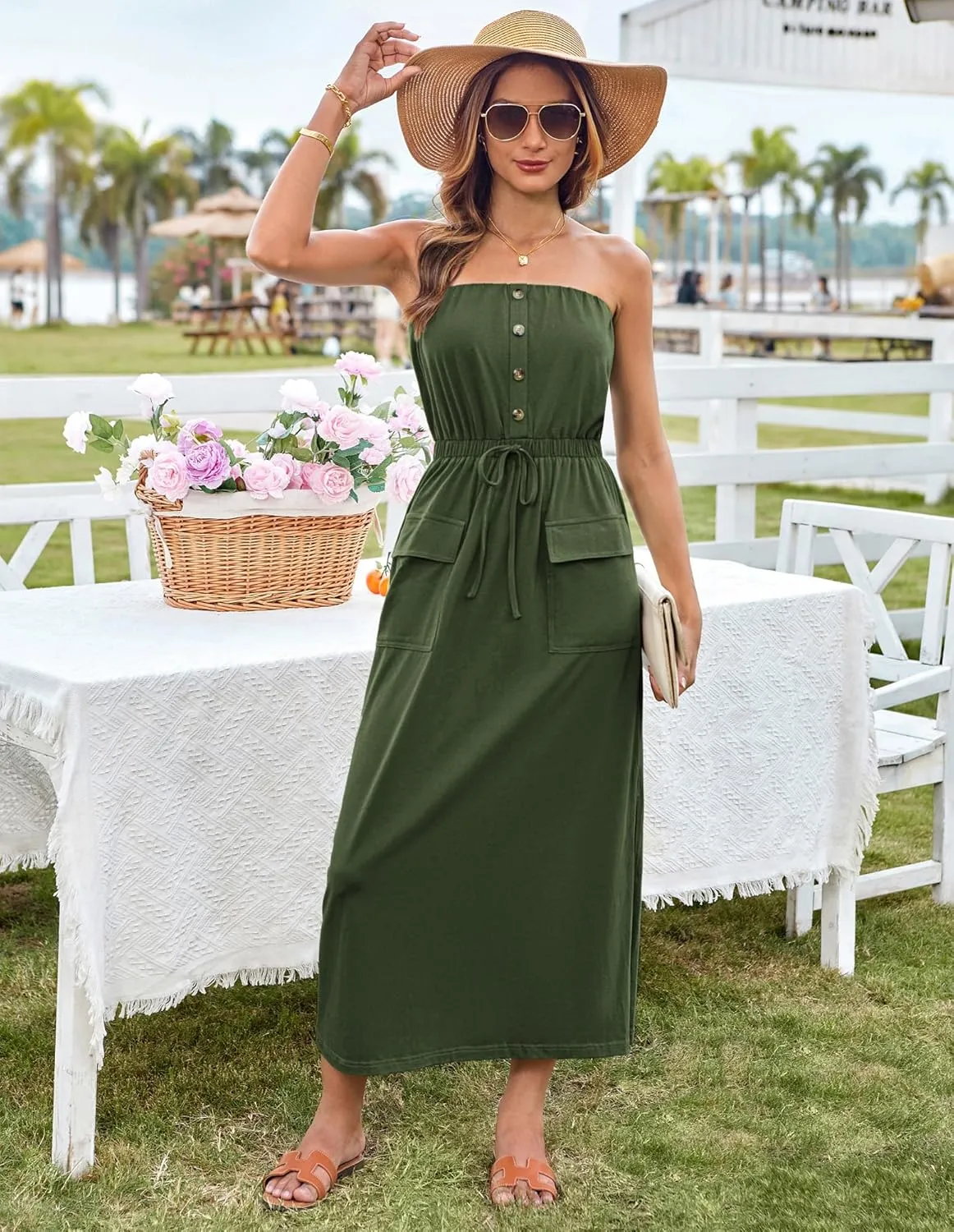 GRACE KARIN 2025 Summer Women's Strapless Maxi Dress Elastic Waist Side Slit Casual Cotton Summer Dress with Pockets