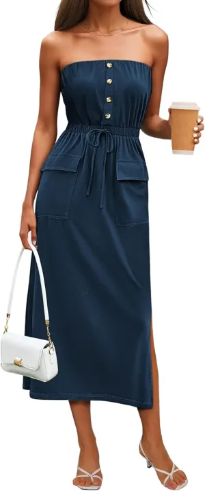 GRACE KARIN 2025 Summer Women's Strapless Maxi Dress Elastic Waist Side Slit Casual Cotton Summer Dress with Pockets