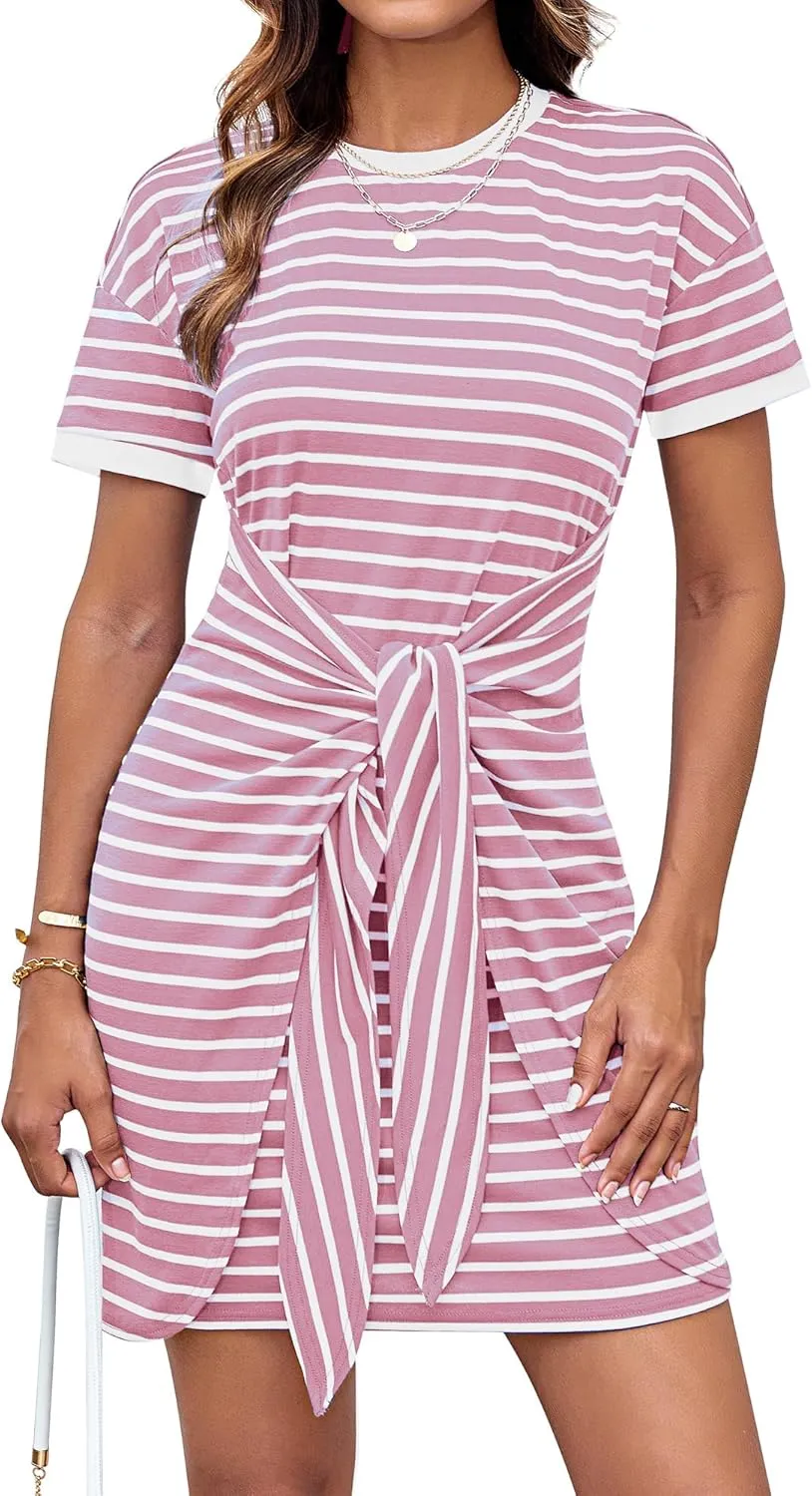 GRACE KARIN Striped Shirt Dresses for Women Front Tie Crewneck Wrap Dress Short Sleeve T-Shirt Casual Mini Bodycon Dress