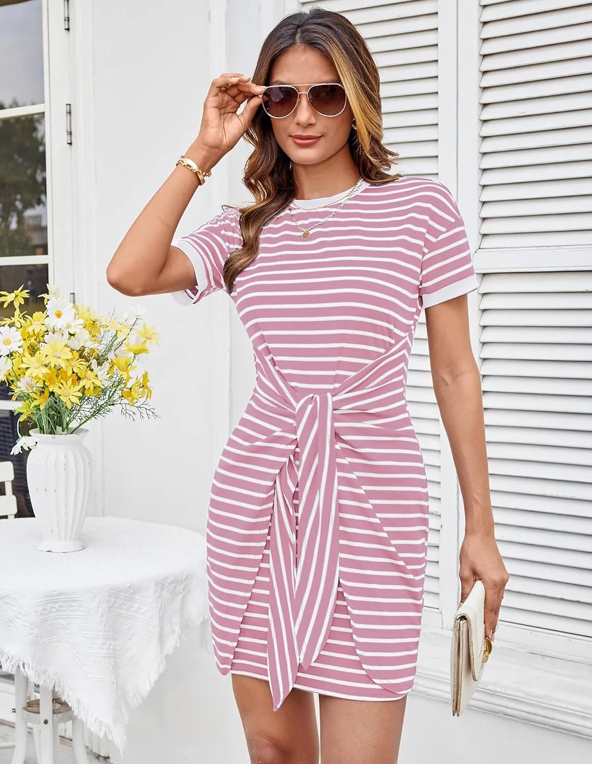 GRACE KARIN Striped Shirt Dresses for Women Front Tie Crewneck Wrap Dress Short Sleeve T-Shirt Casual Mini Bodycon Dress