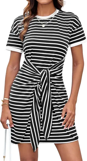 GRACE KARIN Striped Shirt Dresses for Women Front Tie Crewneck Wrap Dress Short Sleeve T-Shirt Casual Mini Bodycon Dress