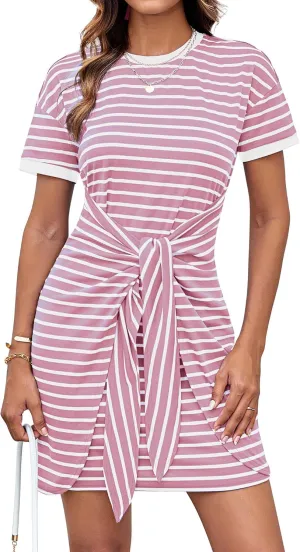 GRACE KARIN Striped Shirt Dresses for Women Front Tie Crewneck Wrap Dress Short Sleeve T-Shirt Casual Mini Bodycon Dress