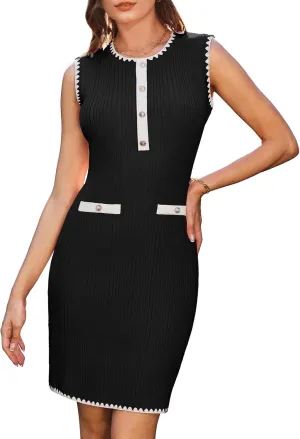 GRACE KARIN Women's 2025 Summer Sleeveless Mini Dresses Button Crew Neck Contrast Elegant Sweater Tank Dress