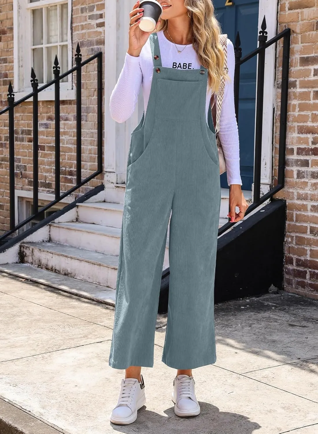 Happy Sailed Women Corduroy Overalls Casual Loose Sleeveless Adjustable Strap Wide Leg Jumpsuits with Pockets