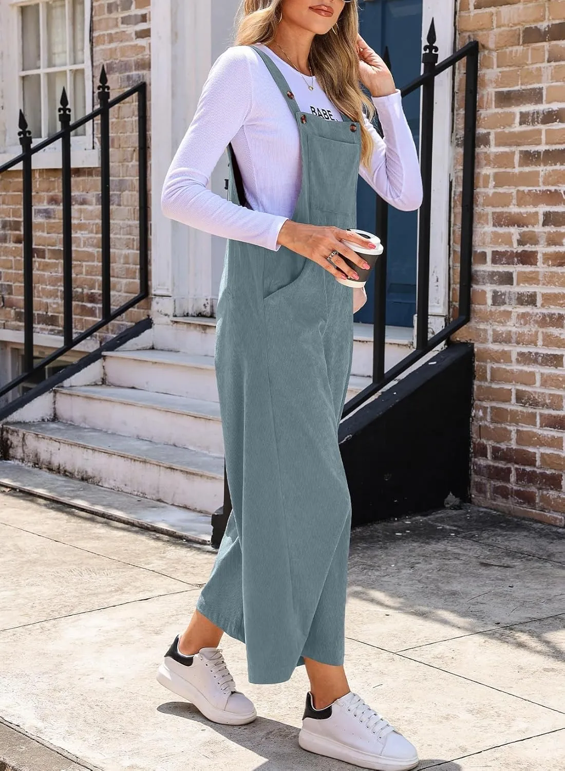 Happy Sailed Women Corduroy Overalls Casual Loose Sleeveless Adjustable Strap Wide Leg Jumpsuits with Pockets