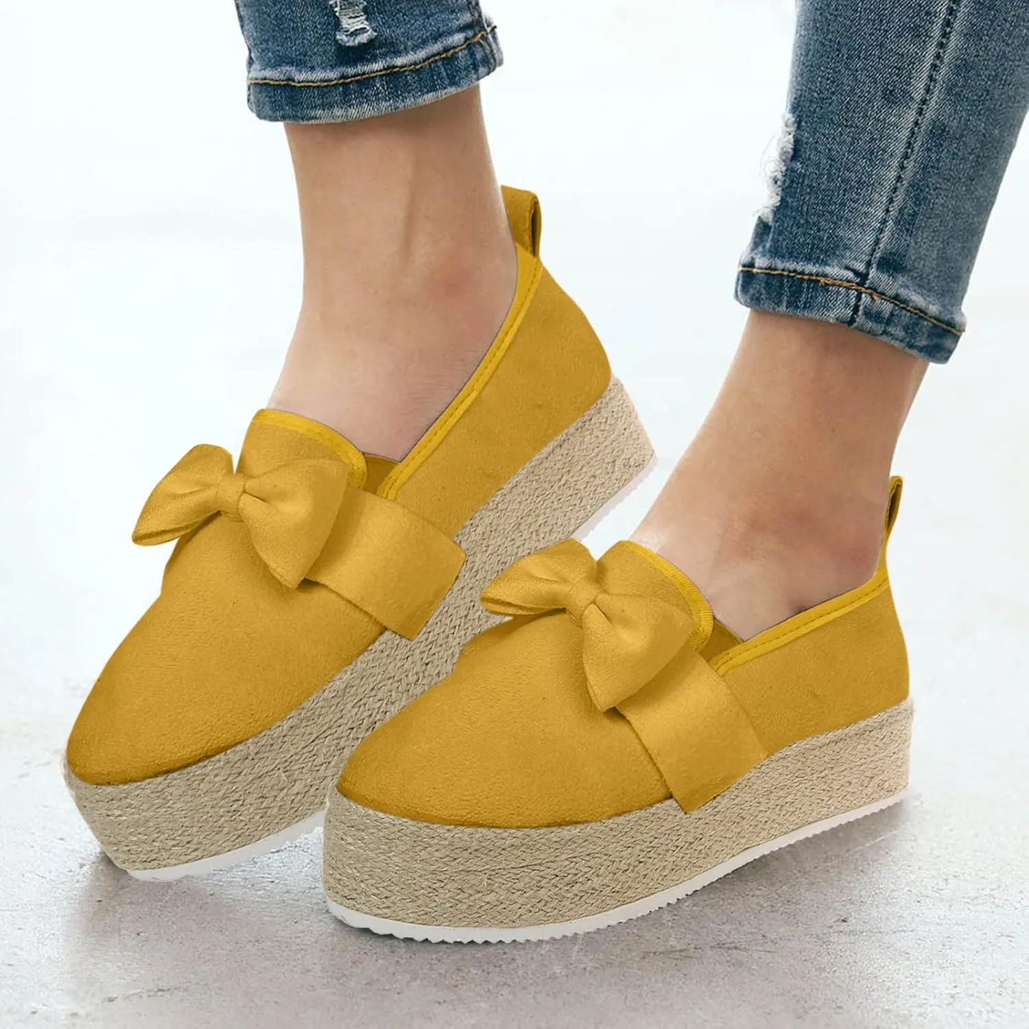 Hbeylia Espadrilles Platform Sneakers for Women Fashion Bowknot Round Toe Chunky Bottom High Heels Canvas Shoes Anti Slip Trendy Slip On Walking Loafers for Outdoor Travel