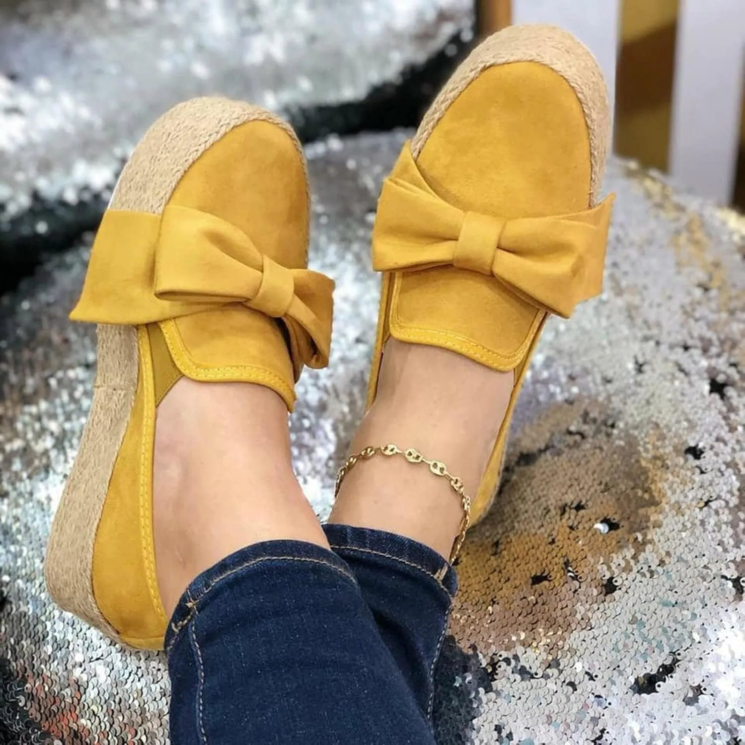 Hbeylia Espadrilles Platform Sneakers for Women Fashion Bowknot Round Toe Chunky Bottom High Heels Canvas Shoes Anti Slip Trendy Slip On Walking Loafers for Outdoor Travel