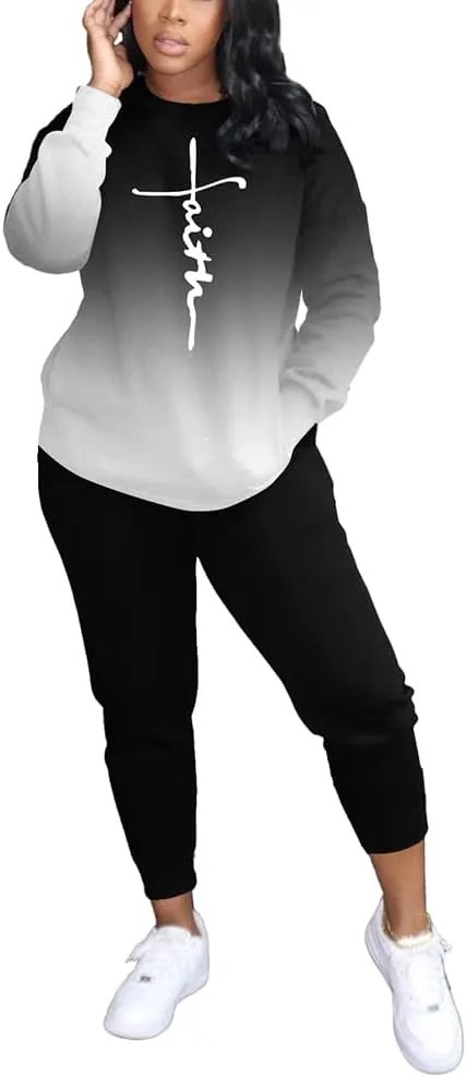 HBQ Two Piece Outfits For Women Casual Long Sleeve Sweatsuits Jogger Tracksuits Lounge Sets With Pockets-Gradient-M