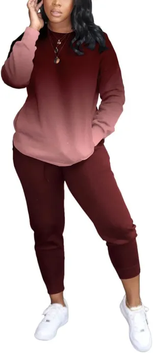 HBQ Two Piece Outfits For Women Casual Long Sleeve Sweatsuits Jogger Tracksuits Lounge Sets With Pockets-Gradient-XL