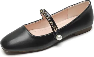 Hee grand Leather Mary Jane Shoes for Women Dressy Square Toe Ballet Flats with Strap Comfortable Walking Shoes Soft Leather Dress Shoes