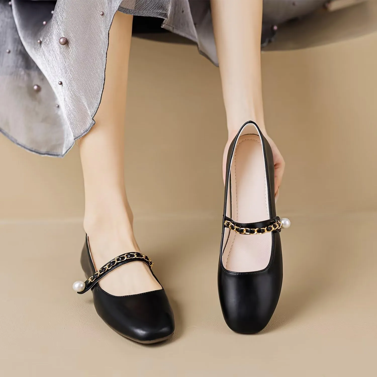 Hee grand Leather Mary Jane Shoes for Women Dressy Square Toe Ballet Flats with Strap Comfortable Walking Shoes Soft Leather Dress Shoes
