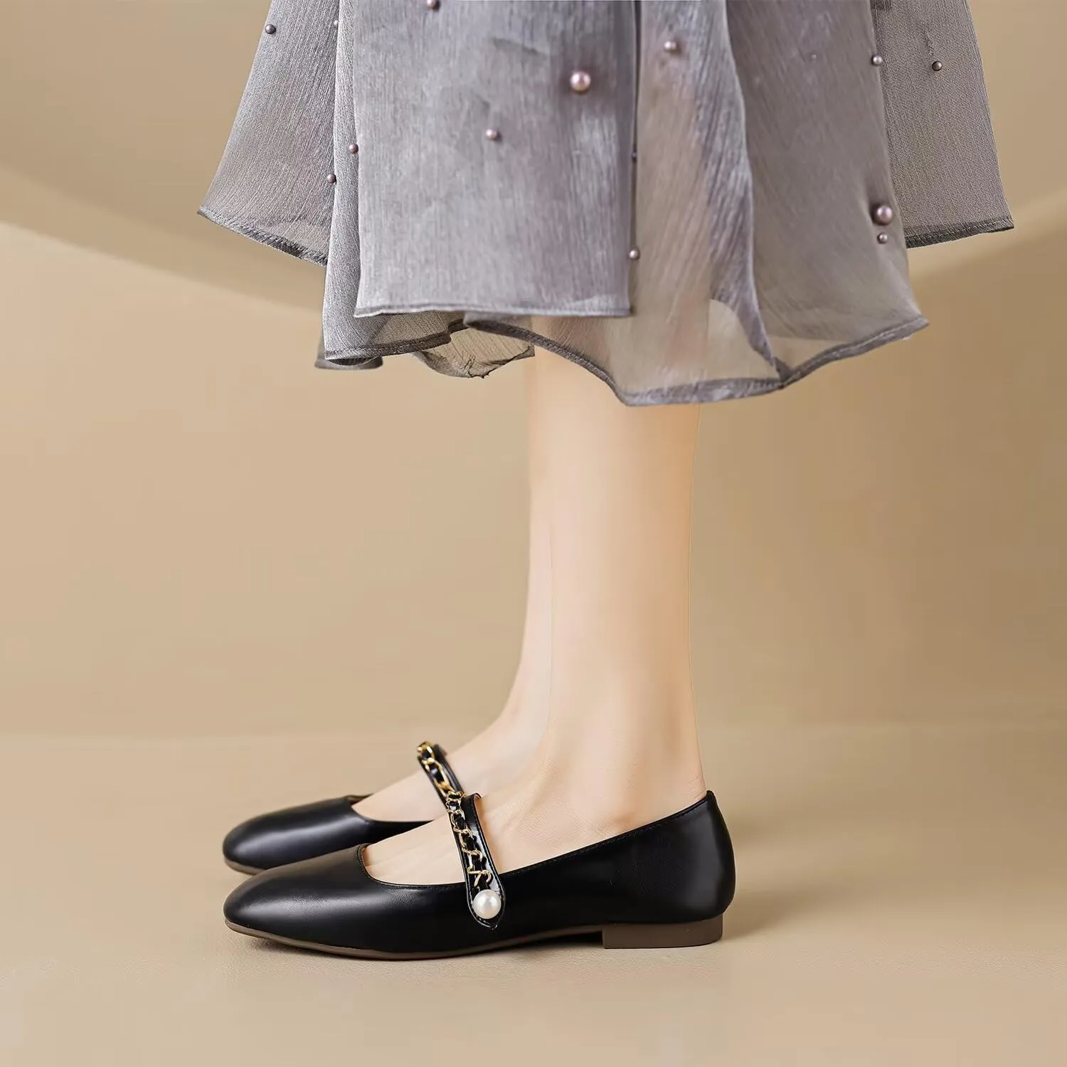 Hee grand Leather Mary Jane Shoes for Women Dressy Square Toe Ballet Flats with Strap Comfortable Walking Shoes Soft Leather Dress Shoes