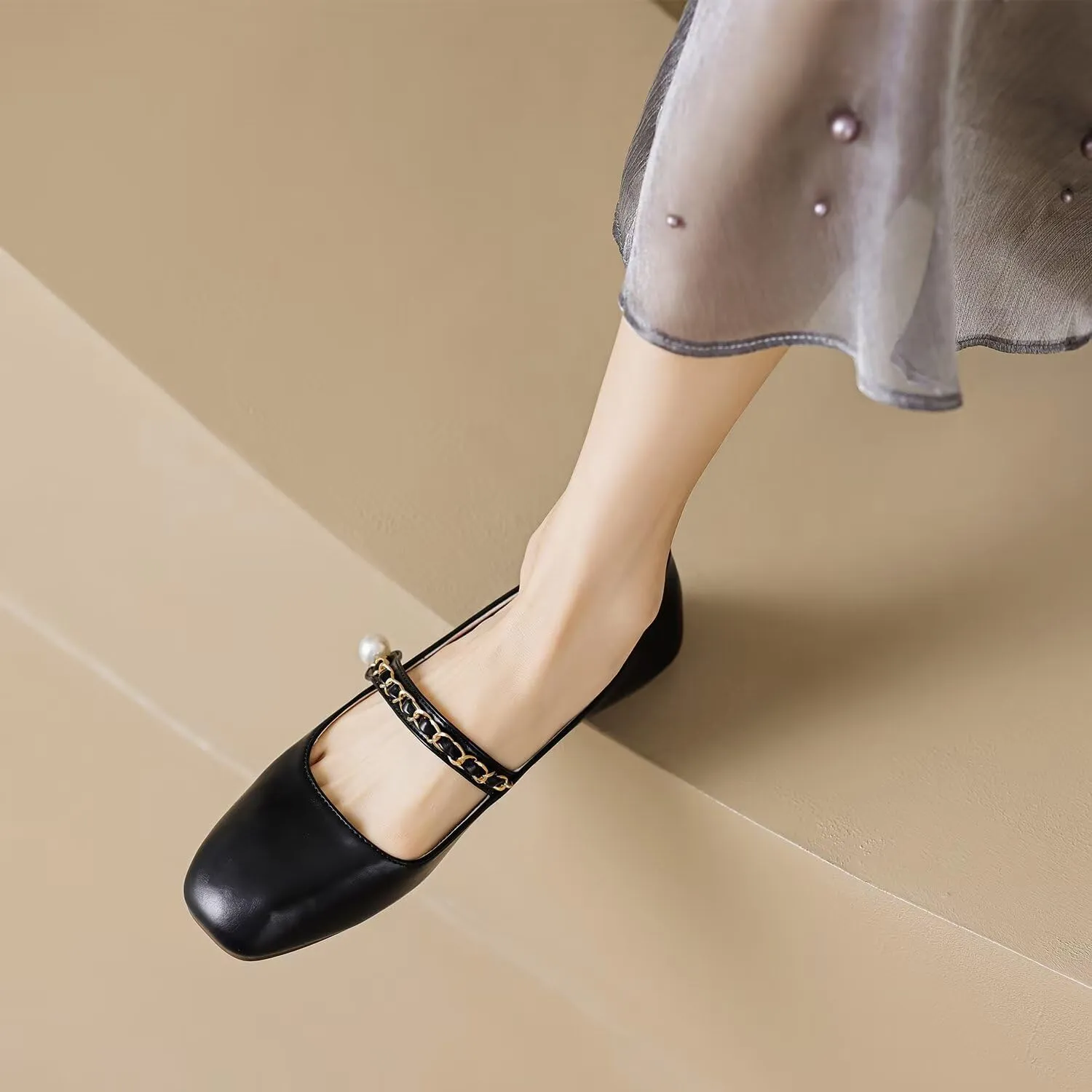 Hee grand Leather Mary Jane Shoes for Women Dressy Square Toe Ballet Flats with Strap Comfortable Walking Shoes Soft Leather Dress Shoes