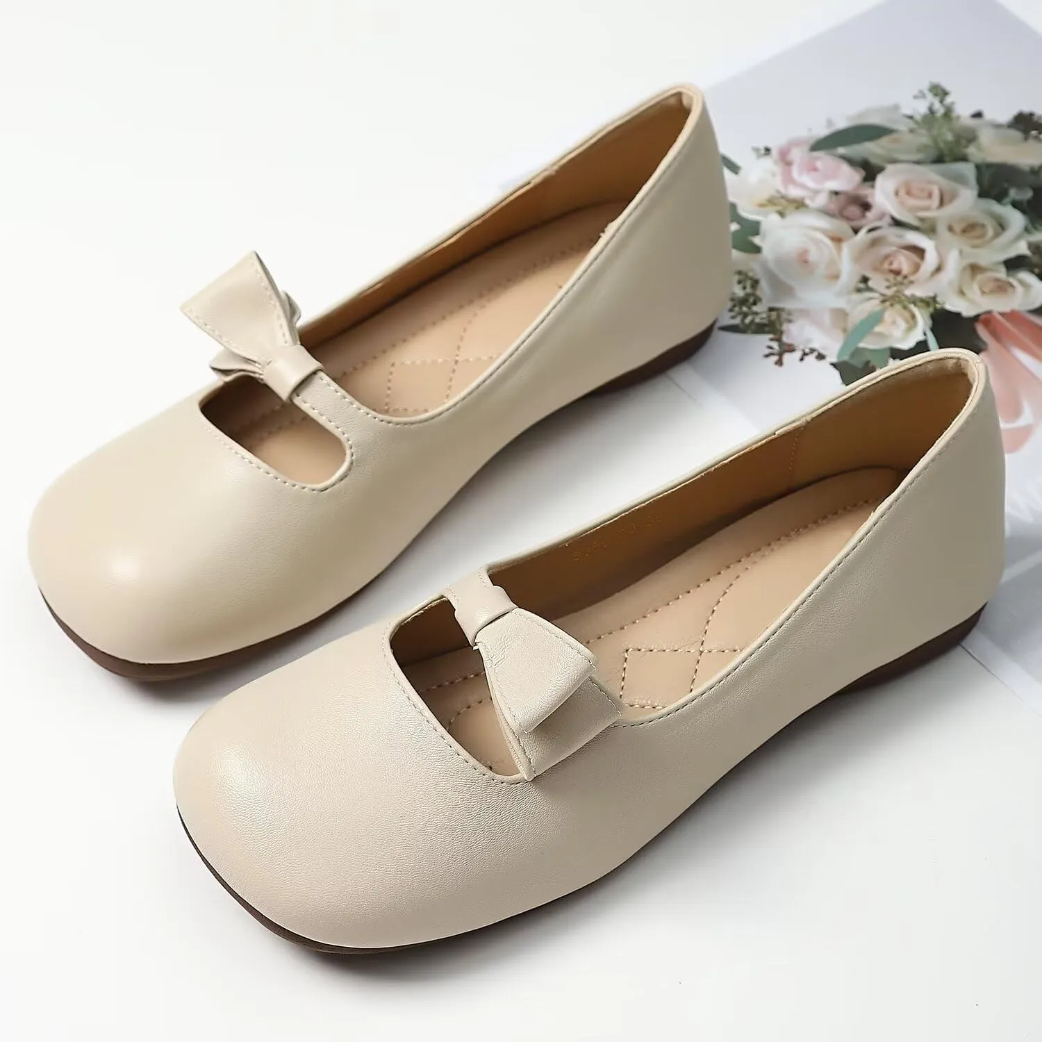 Hee grand Retro Mary Jane Shoes for Women Cute Square Toe Buckle Ballet Flats Leather Dress Flats Soft Work Flats