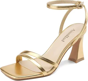 Heeled Sandals for Women Chunky Block High Heels Square Open Toe Sandals with Ankle Strap 3 Inch Dress Heels Comfortable