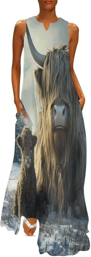 Highland Cows Winter Women's Summer Sleeveless Dress Ruffle Flowy Casual Ankle Length Dresses with Pockets