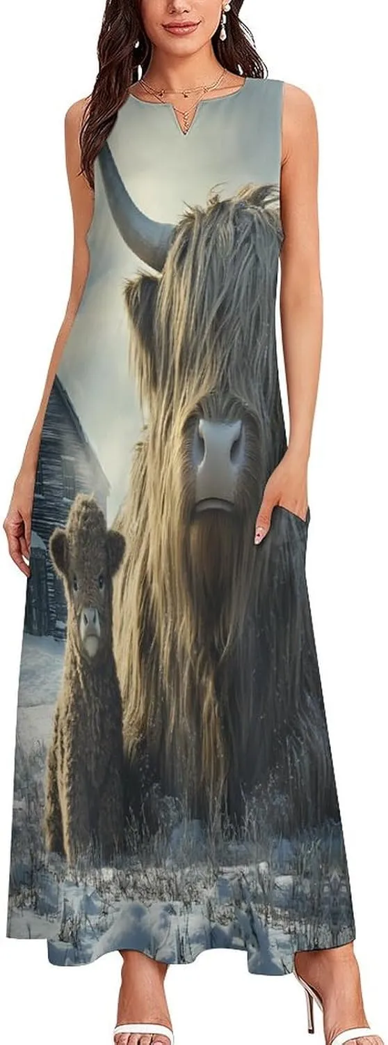 Highland Cows Winter Women's Summer Sleeveless Dress Ruffle Flowy Casual Ankle Length Dresses with Pockets