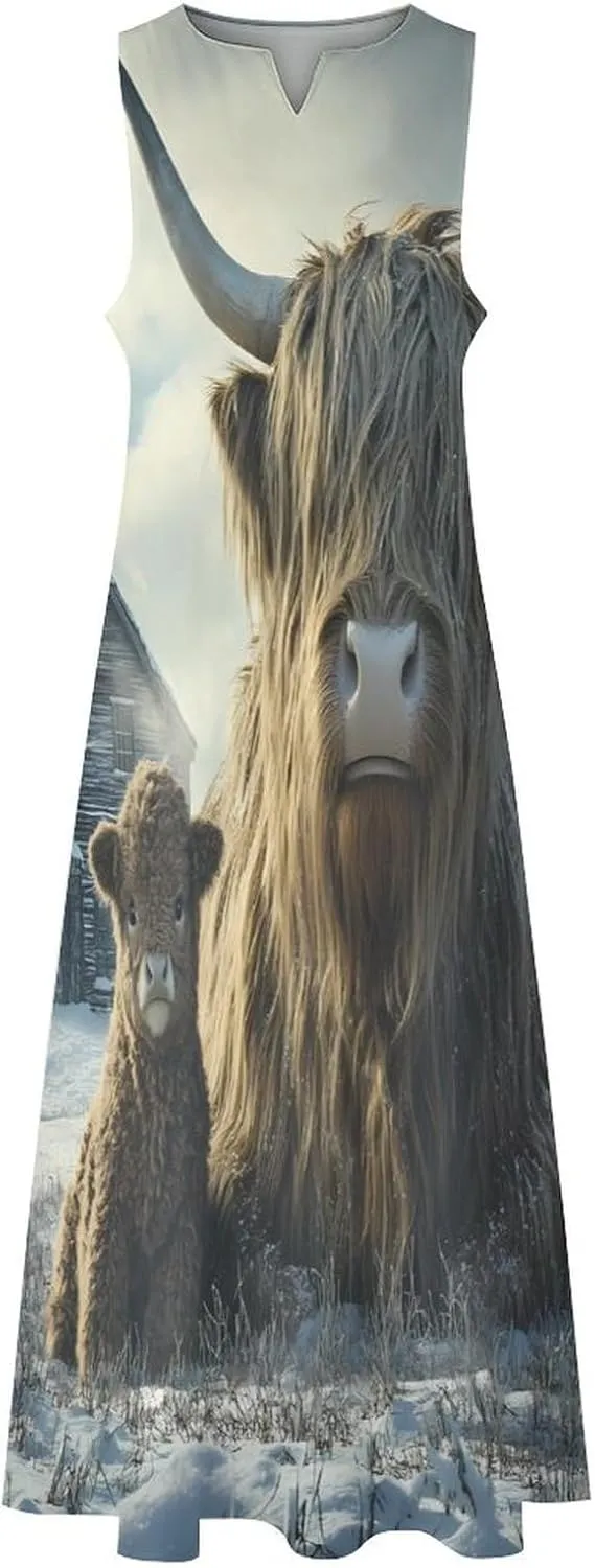 Highland Cows Winter Women's Summer Sleeveless Dress Ruffle Flowy Casual Ankle Length Dresses with Pockets