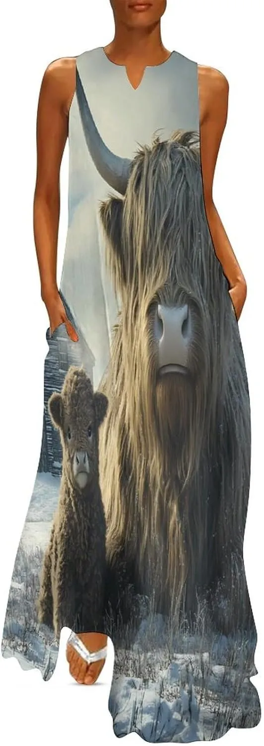 Highland Cows Winter Women's Summer Sleeveless Dress Ruffle Flowy Casual Ankle Length Dresses with Pockets