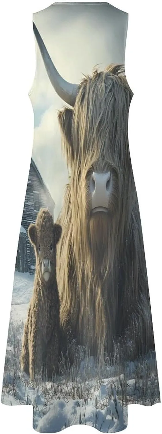Highland Cows Winter Women's Summer Sleeveless Dress Ruffle Flowy Casual Ankle Length Dresses with Pockets